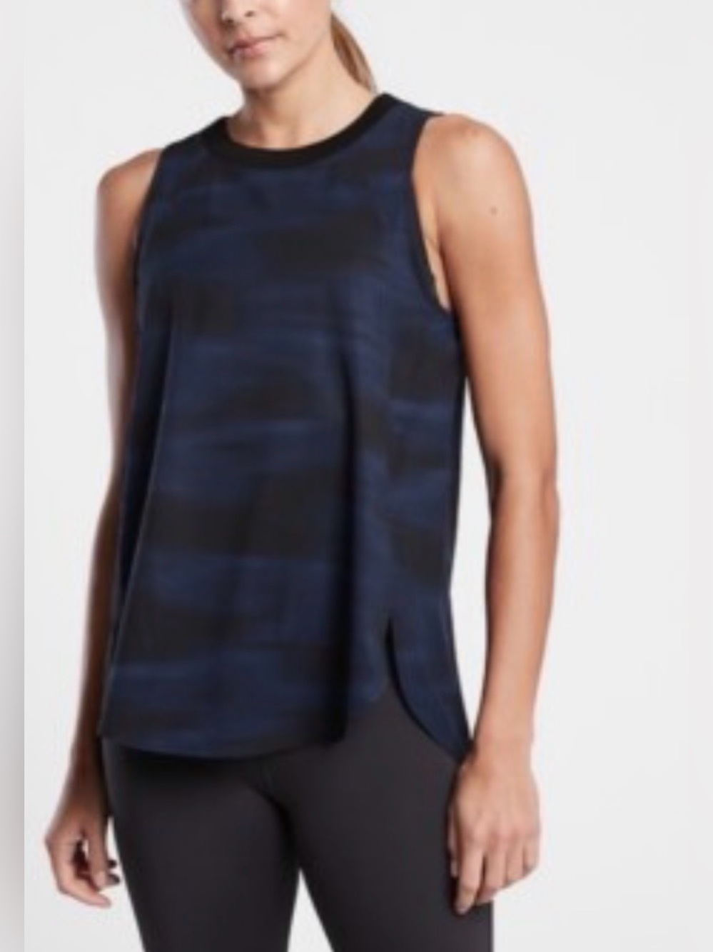 Athleta Navy and Black Zephyr Print Sleeveless Rib-Trim Tank. Small